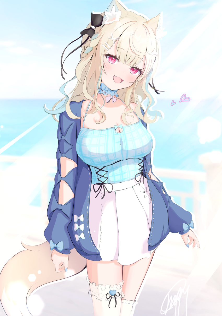 1girl absurdres animal_ear_fluff animal_ears black_bow blonde_hair blue_camisole blue_cardigan blue_choker blue_nails blue_sky blurry blurry_background blush bow breasts camisole cardigan choker commentary dog_ears dog_girl dog_tail fang feet_out_of_frame frilled_choker frills fuwawa_abyssgard fuwawa_abyssgard_(casual) hair_bow hair_ornament hairclip heart highres hololive hololive_english large_breasts light_rays looking_at_viewer multicolored_hair no_bra ocean open_mouth outdoors outline parallel_hairclips pink_skirt pleated_skirt railing ruru_rp1 skirt sky smile solo standing streaked_hair sunbeam sunlight tail thigh-highs untranslatable_commentary virtual_youtuber white_outline x_hair_ornament