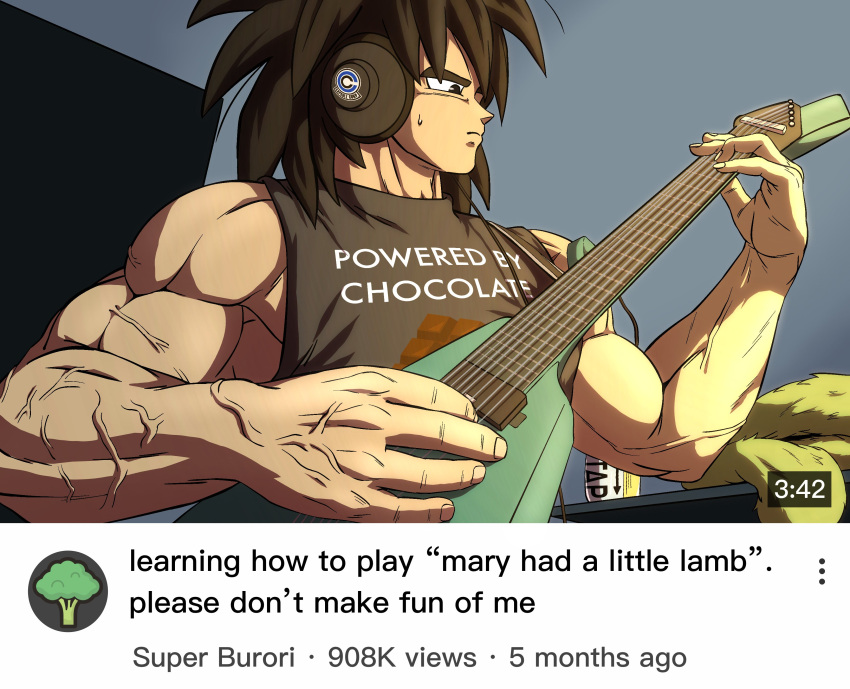 1boy absurdres black_hair black_shirt broccoli broly_(dragon_ball_super) capsule_corp dragon_ball dragon_ball_super electric_guitar guitar headphones highres holding holding_instrument instrument male_focus meme muscular muscular_male pea-bean shirt sleeveless sleeveless_shirt solo veins youtube