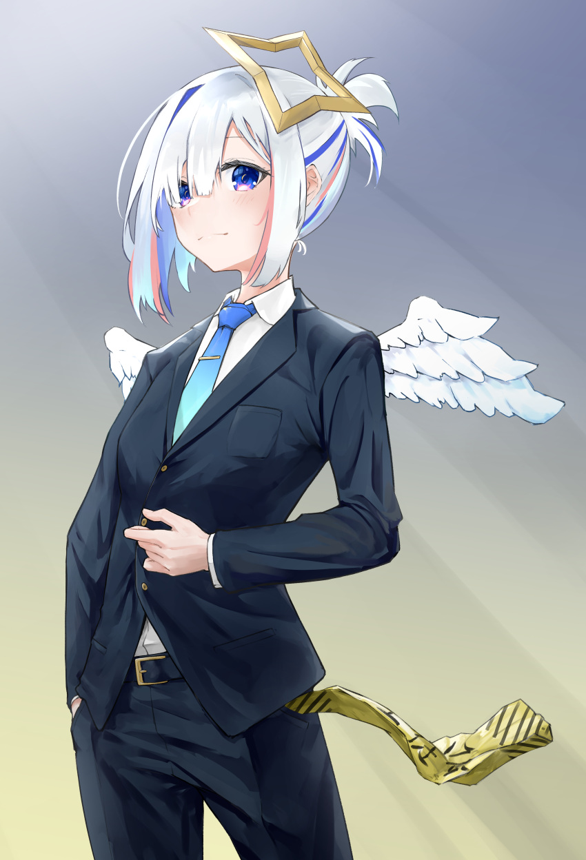 1girl absurdres alternate_costume amane_kanata angel angel_wings bangs belt black_belt black_jacket black_pants blue_eyes blue_hair blue_necktie colored_inner_hair feathered_wings formal gradient_necktie grey_hair hair_between_eyes halo highres hololive jacket light_rays looking_at_viewer multicolored_hair necktie pants pink_hair shhhh7 short_hair short_ponytail sidelocks solo star_halo streaked_hair suit virtual_youtuber white_hair white_wings wings