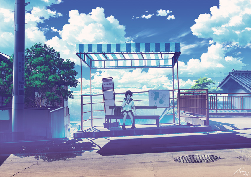 1girl arm_support bench black_hair black_sailor_collar black_skirt blue_sky bus_stop clouds commentary_request cup day fence holding holding_cup horizon house manhole_cover map mocha_(cotton) ocean original outdoors railing road rooftop sailor_collar scenery school_uniform serafuku sitting skirt sky solo summer tree utility_pole