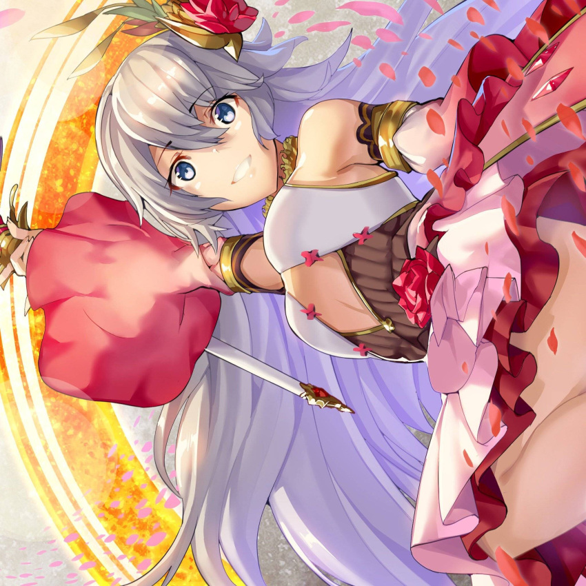 1girl artist_request blue_eyes dress flower flower_ornament grimms_notes grin highres long_hair looking_at_viewer md5_mismatch petals rose rose_fairy_unfan smile solo teeth wand weapon