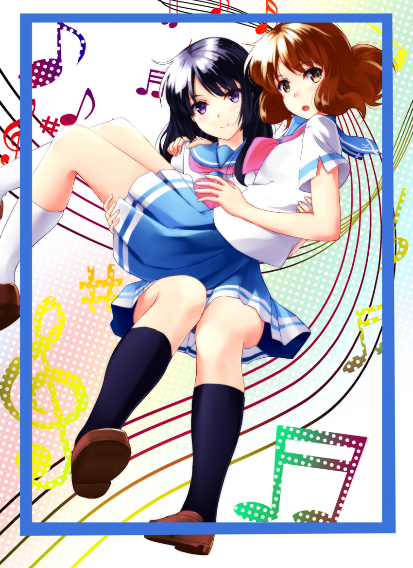 2girls bangs black_socks blue_sailor_collar blue_skirt blush brown_eyes brown_footwear brown_hair carrying carrying_person eighth_note hands_up hibike!_euphonium highres kitauji_high_school_uniform kneehighs kousaka_reina loafers long_hair looking_at_viewer lying mizuki_(mizuki_ame) multiple_girls musical_note neckerchief oumae_kumiko parted_lips pink_neckerchief pleated_skirt purple_hair sailor_collar school_uniform serafuku sharp_sign shirt shoes short_hair short_sleeves sixteenth_note skirt smile socks treble_clef violet_eyes white_shirt white_socks