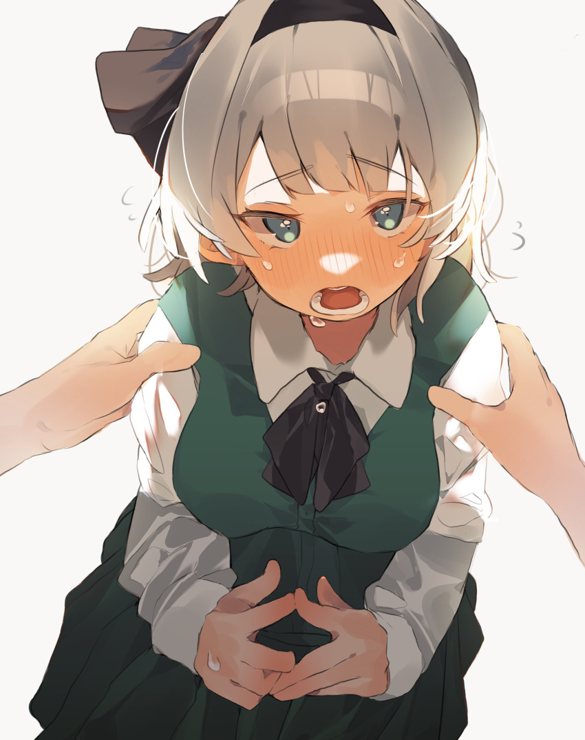 1girl absurdres bangs black_bow black_bowtie black_hairband blush bow bowtie breasts collar collared_shirt commentary dress gominami green_dress green_eyes grey_background grey_hair hairband hands_on_another's_shoulders highres konpaku_youmu long_sleeves looking_at_viewer medium_breasts open_mouth shirt short_hair simple_background solo steepled_fingers symbol-only_commentary teeth touhou white_shirt