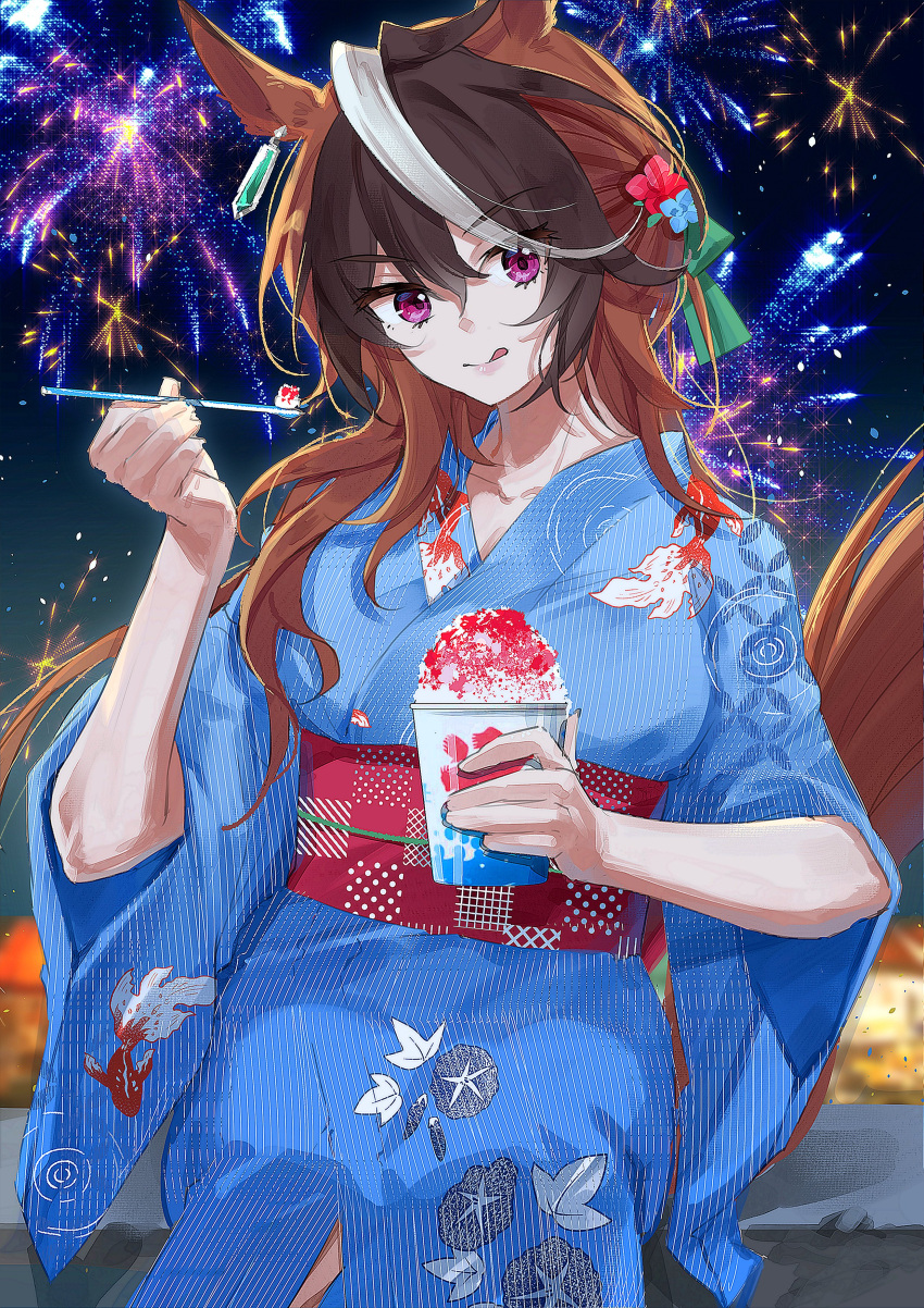 1girl absurdres alternate_costume animal_ears bangs blue_kimono blurry blurry_background breasts brown_hair closed_mouth cup earrings fire hair_ornament hand_up highres holding holding_cup holding_spoon horse_ears horse_girl horse_tail japanese_clothes jewelry kimono licking_lips long_hair long_sleeves looking_at_viewer multicolored_hair night outdoors shaved_ice shidare_(youh4016) single_earring sitting solo spoon symboli_rudolf_(umamusume) tail tongue tongue_out umamusume violet_eyes wide_sleeves yukata