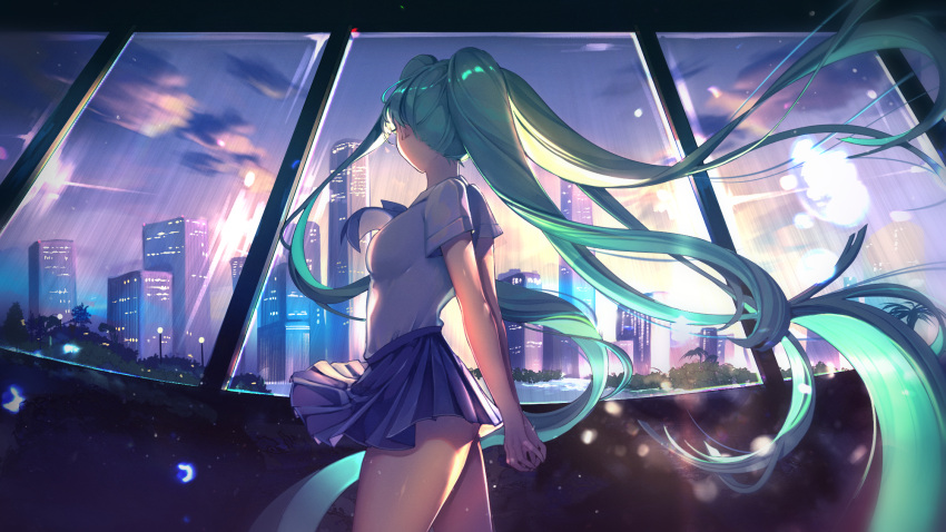 1girl absurdly_long_hair arms_behind_back arua bare_arms blue_skirt breasts clothes_lift floating_hair from_side green_hair hatsune_miku highres long_hair medium_breasts miniskirt pleated_skirt shiny shiny_hair shirt short_sleeves skirt skirt_lift solo sunset twintails very_long_hair vocaloid walking white_shirt