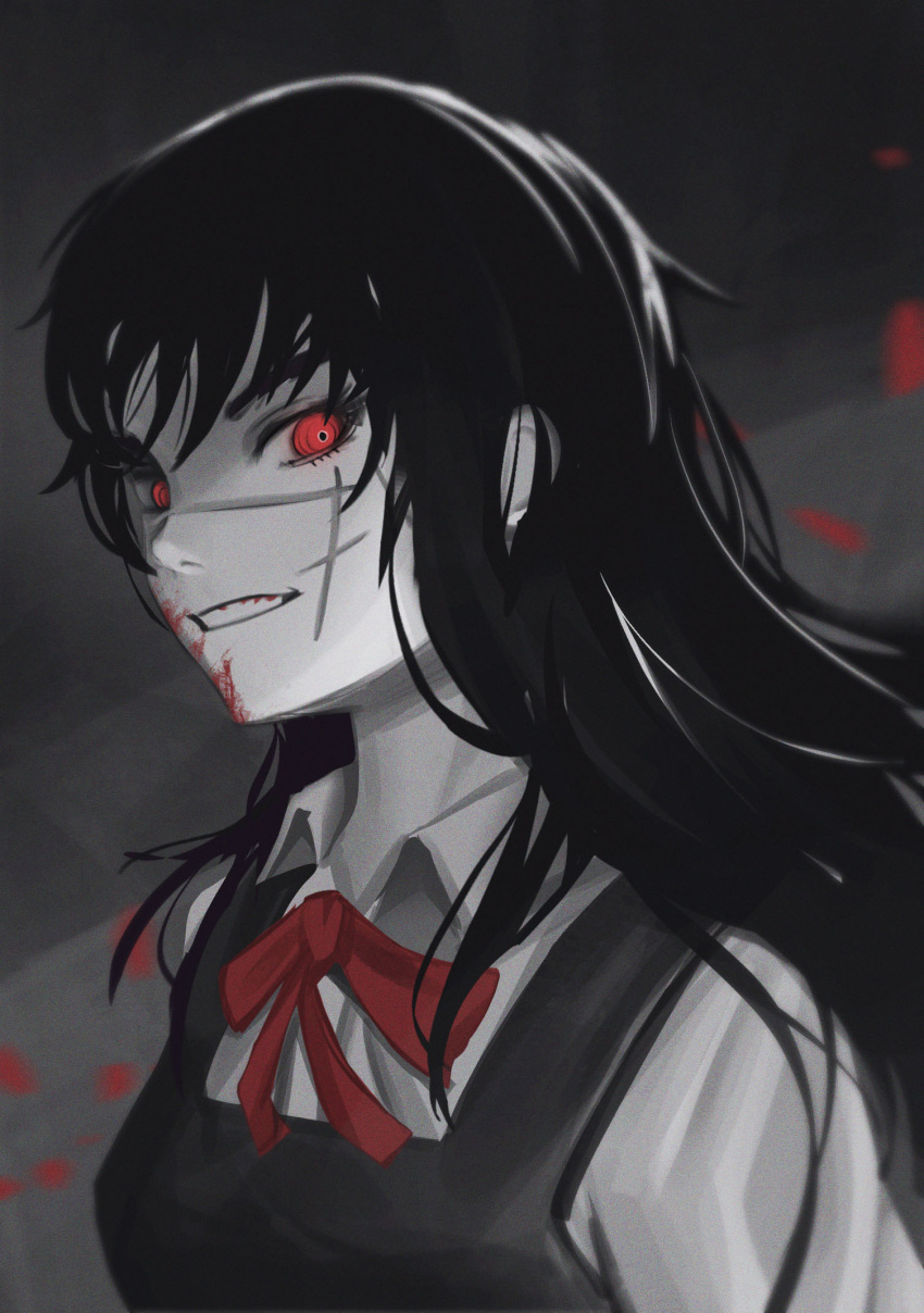 1girl afrotunaart blood blood_on_face chainsaw_man eyelashes greyscale hair_between_eyes highres long_eyelashes long_hair looking_at_viewer mitaka_asa monochrome parted_lips red_eyes red_ribbon ribbon scar scar_on_cheek scar_on_face scar_on_nose smile solo spot_color teeth upper_body war_devil_(chainsaw_man)