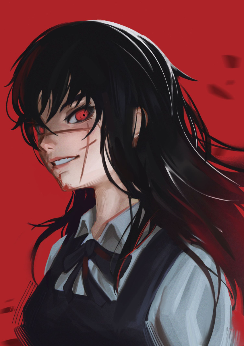 1girl afrotunaart black_bow blood blood_on_face bow chainsaw_man eyelashes hair_between_eyes highres long_eyelashes long_hair looking_at_viewer mitaka_asa parted_lips pink_lips red_eyes ribbon scar scar_on_cheek scar_on_face scar_on_nose smile solo teeth upper_body war_devil_(chainsaw_man)