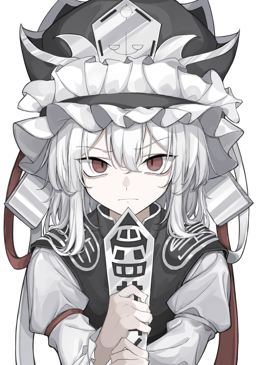 1girl absurdres bangs closed_mouth commentary_request eyes_visible_through_hair frills grey_headwear grey_vest hair_between_eyes hands_up hat hat_ribbon highres hisha_(kan_moko) juliet_sleeves long_sleeves looking_at_viewer medium_hair puffy_sleeves red_eyes red_ribbon ribbon shiki_eiki shirt simple_background solo standing touhou v-shaped_eyebrows vest white_background white_hair white_ribbon white_shirt