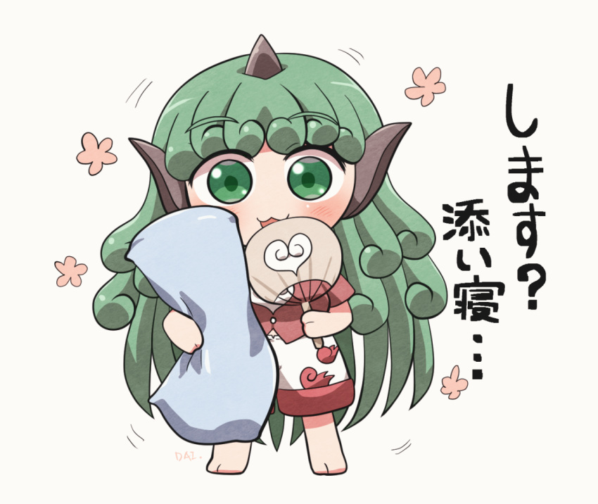 1girl :3 :d barefoot curly_hair green_eyes green_hair horns komano_aunn long_hair looking_at_viewer rokugou_daisuke shorts simple_background single_horn smile solo standing touhou white_background
