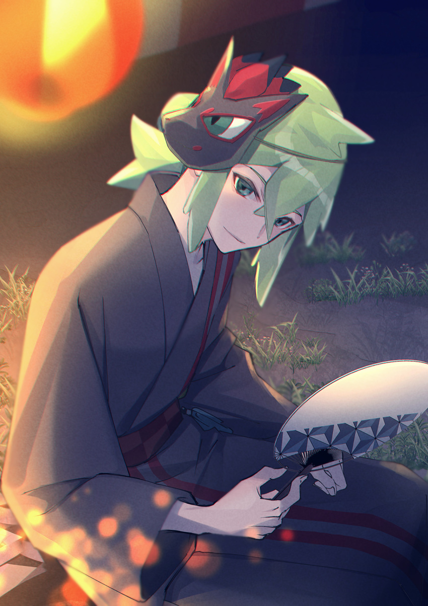 1boy bangs character_print closed_mouth commentary_request grass green_eyes green_hair hair_between_eyes highres holding japanese_clothes kimono male_focus mask mask_on_head mitsuha_(bless_blessing) n_(pokemon) night official_alternate_costume outdoors paddle pokemon pokemon_(game) pokemon_masters_ex sitting smile yukata zoroark