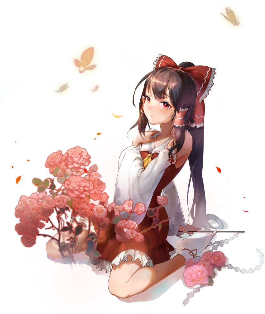 1girl absurdres ascot bangs bare_shoulders blush bow branch closed_mouth collarbone collared_dress detached_sleeves dress flower frills gohei grey_socks hair_ornament hair_tubes hakurei_reimu hand_up highres leaf long_hair long_sleeves looking_at_viewer no_shoes petals pink_flower pink_rose ponytail red_bow red_dress red_eyes rose seiza simple_background sitting socks solo tabi teeth touhou user_yuds5544 white_background wide_sleeves yellow_ascot