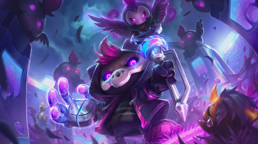 absurdres bangs bird black_pants brown_sweater clouds feathers from_below grass helmet highres holding holding_staff hood hood_up hooded_jacket jacket league_of_legends lulu_(league_of_legends) mask misfortuneee monster_tamer_lulu monster_tamer_veigar night official_art open_clothes open_jacket outdoors pants pink_eyes pink_hair scared shoes short_hair staff sweater tears veigar wings yordle
