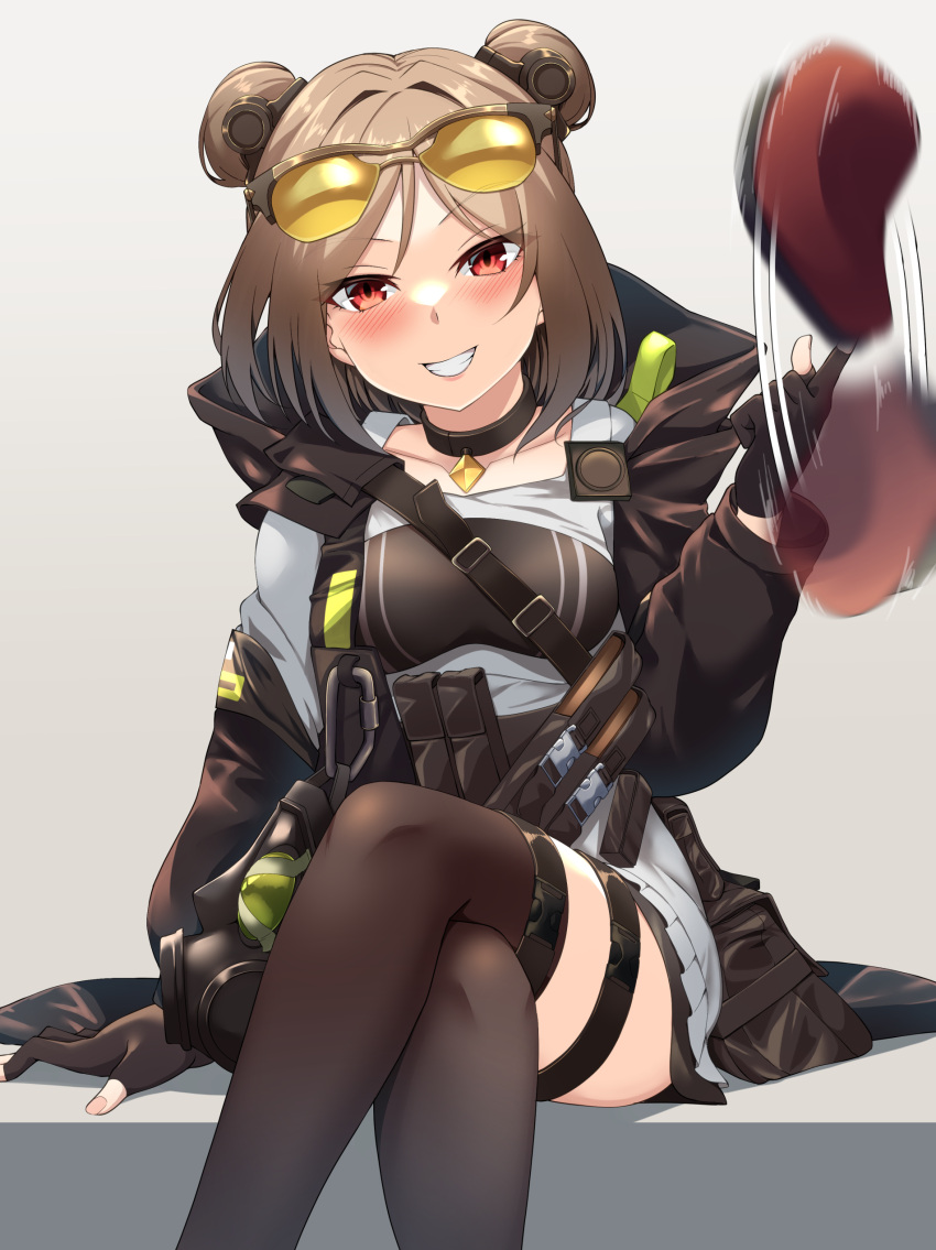 1girl 4tb_(4tera_byte) absurdres beret black_gloves black_jacket black_thighhighs breasts crossed_legs double_bun eyewear_on_head girls_frontline gloves hair_bun hat highres holding holding_clothes holding_hat jacket light_brown_hair long_sleeves medium_breasts open_clothes open_jacket p90_(girls'_frontline) partially_fingerless_gloves red_eyes red_headwear sitting solo sunglasses tactical_clothes thigh-highs thigh_strap tinted_eyewear yellow-tinted_eyewear