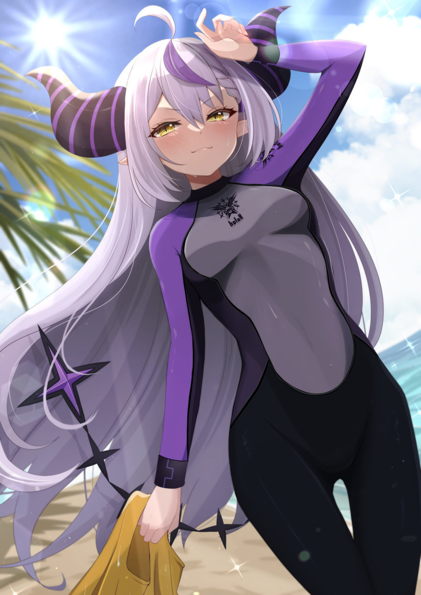 1girl absurdres ahoge beach black_swimsuit blush braid breasts clouds commentary demon_girl demon_horns demon_tail english_commentary fionakaenbyou highres hololive horns la+_darknesss long_hair looking_at_viewer multicolored_hair one-piece_swimsuit palm_tree pointy_ears purple_hair single_braid small_breasts streaked_hair summer swimsuit tail tree two-tone_swimsuit virtual_youtuber water white_hair yellow_eyes