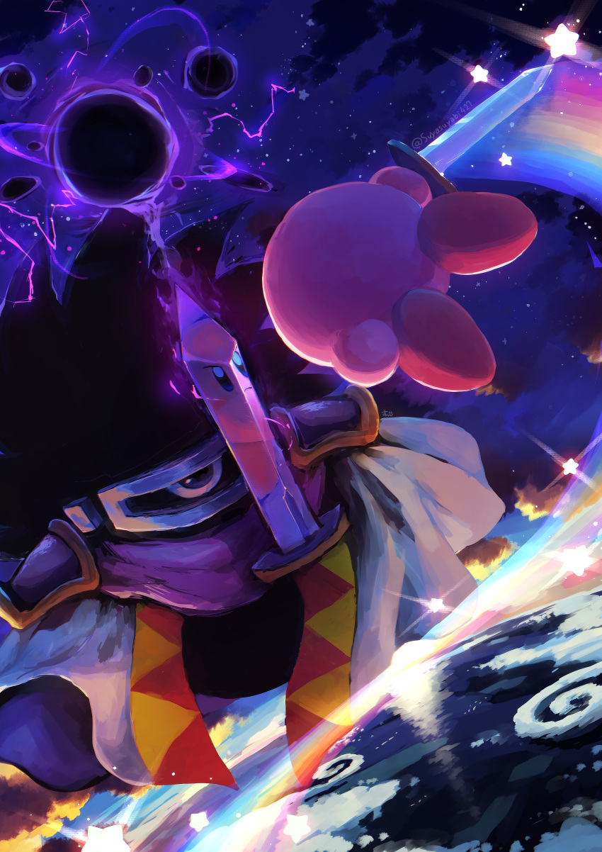 absurdres armor battle blue_eyes cape commentary copy_ability dark_matter_blade darkness earth_(planet) highres holding holding_sword holding_weapon kirby kirby's_dream_land_2 kirby_(series) looking_at_another no_humans one-eyed planet purple_scarf rainbow reflection scarf shoulder_armor sky star_(sky) star_(symbol) starry_sky suyasuyabi sword twitter_username violet_eyes weapon white_cape