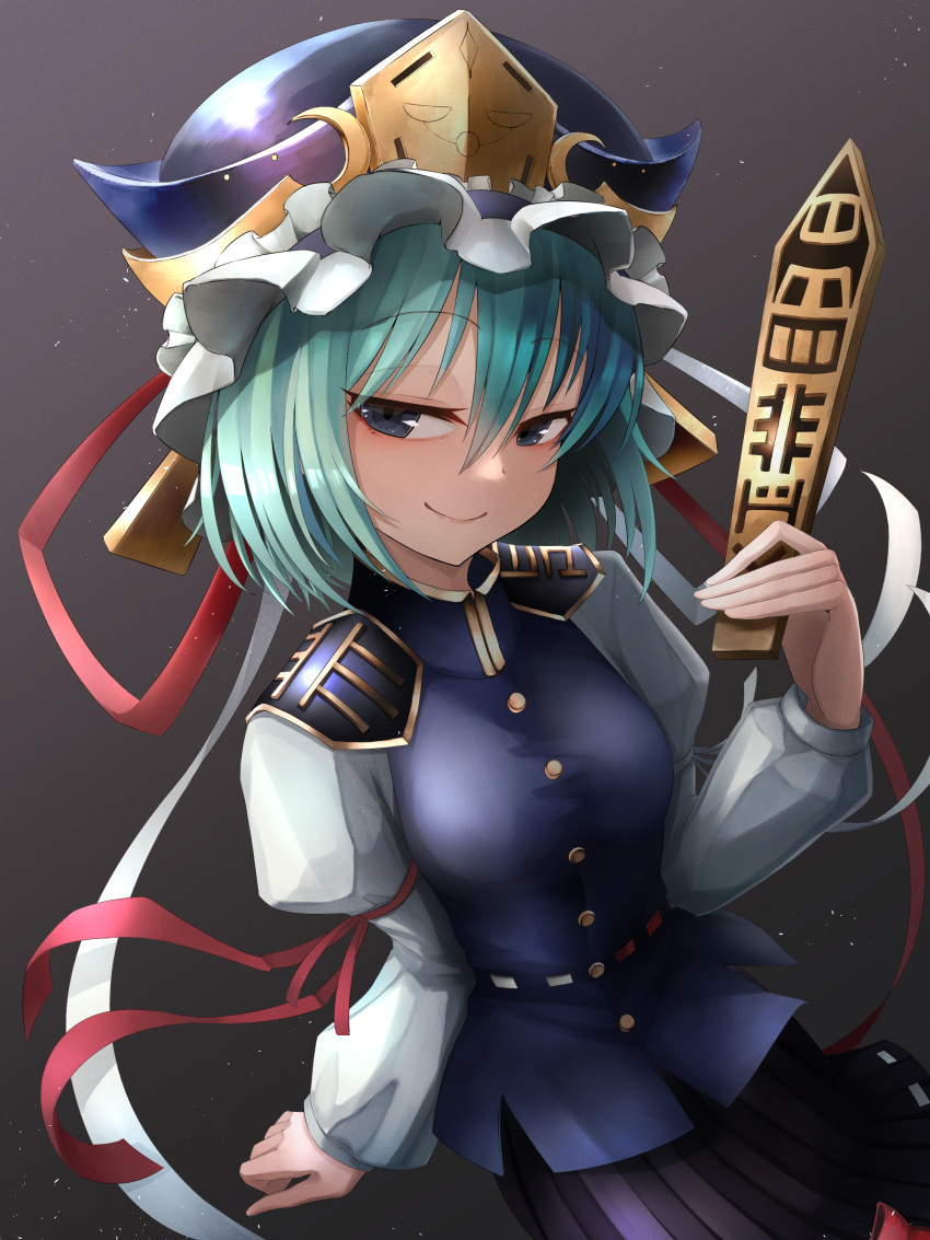 1girl absurdres arm_support black_skirt doro9363 epaulettes from_above green_hair half-closed_eyes hat hat_ribbon highres light_particles long_sleeves night night_sky red_ribbon ribbon rod_of_remorse shiki_eiki short_hair sitting skirt sky smile solo touhou