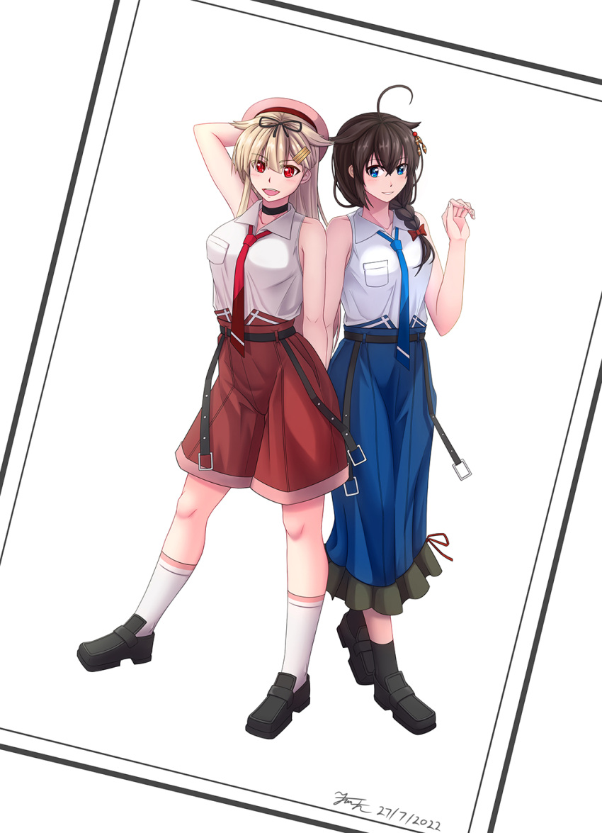 2girls ahoge alternate_costume arm_behind_head arm_up black_choker black_footwear black_hair black_ribbon black_socks blonde_hair blue_eyes blue_necktie blue_skirt braid choker collared_shirt full_body hair_flaps hair_ornament hair_over_shoulder hair_ribbon hairclip hat highres kantai_collection kkkowy0913 long_hair long_skirt medium_skirt multiple_girls necktie official_alternate_costume pink_headwear red_eyes red_necktie red_skirt ribbon shigure_(kancolle) shigure_kai_ni_(kancolle) shirt shoes single_braid skirt sleeveless sleeveless_shirt socks standing white_shirt white_socks yuudachi_(kancolle) yuudachi_kai_ni_(kancolle)