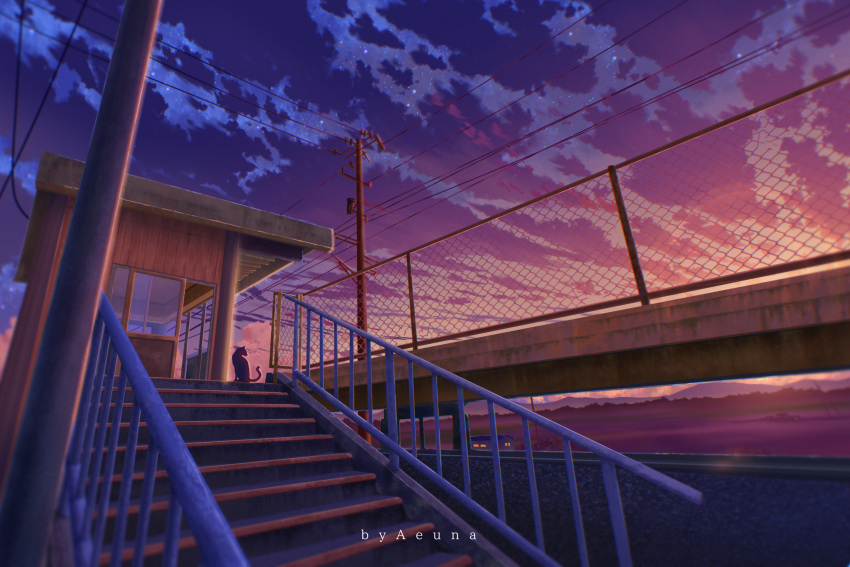 aeuna artist_name building cat chain-link_fence clouds commentary english_commentary fence highres mountain no_humans original outdoors power_lines purple_sky railing rural scenery sky stairs sunset utility_pole watermark
