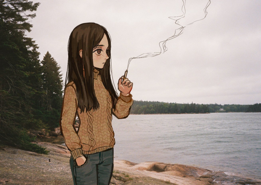 1girl bangs black_hair black_pants brown_eyes brown_sweater cigarette clouds cloudy_sky day denim emanon_(character) forest freckles grey_sky hand_in_pocket io_(onisarashi) jeans lake long_hair long_sleeves looking_away memories_of_emanon mouth_hold nature negative_space outdoors pants parted_bangs photo_(medium) photo_background sky smoke smoking solo standing sweater tree turtleneck