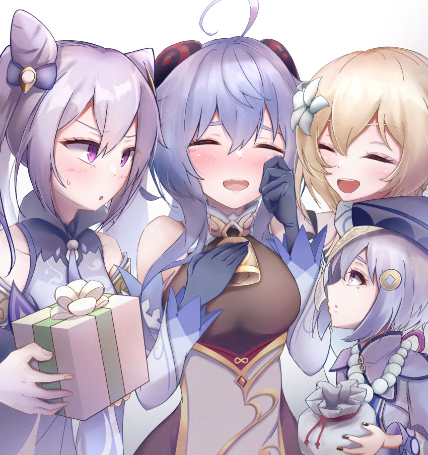 4girls ahoge bangs bare_shoulders bell blonde_hair blue_gloves blue_hair blush box breasts closed_eyes coin_hair_ornament detached_sleeves flower ganyu_(genshin_impact) genshin_impact gift gift_box gloves hair_flower hair_ornament hand_on_own_chest highres horns keqing_(genshin_impact) long_hair looking_at_another lumine_(genshin_impact) medium_breasts multiple_girls neck_bell open_mouth purple_hair qiqi_(genshin_impact) sidelocks smile sopranino tears upper_body white_flower white_sleeves wiping_tears