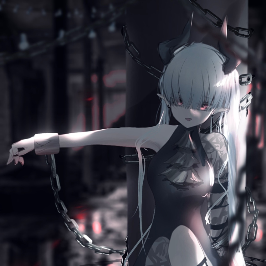 1girl arknights ascot bangs bare_shoulders chain chained_sarkaz_girl demon_girl demon_horns earrings hair_over_eyes horns jewelry mebe_(teadia_violet) open_mouth pointy_ears red_eyes solo vampire white_hair