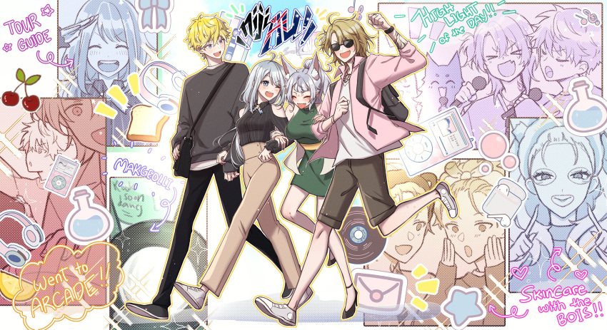 2boys 2girls absurdres airpods ban_hada black_pants black_shirt bracelet bread breasts cherry chest_tattoo clothing_cutout digital_media_player dress food fruit green_dress grey_sweater halter_dress halterneck headphones highres holding holding_microphone ipod jewelry leaning_forward luca_kaneshiro medium_breasts microphone multiple_boys multiple_girls nijisanji nijisanji_en nijisanji_kr nina_kosaka pants pink_shirt shirt shoes shoulder_cutout sneakers sonny_brisko star_(symbol) sweater szainx tattoo test_tube virtual_youtuber white_background white_shirt wireless_earphones