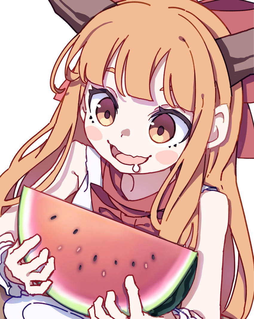 1girl absurdres bangs bare_shoulders blouse bow bowtie chain drooling food fruit hair_bow hands_up highres horn_ornament horn_ribbon horns ibuki_suika kame_(kamepan44231) long_hair looking_down low-tied_long_hair melon oni_horns open_mouth orange_eyes orange_hair plate red_bow red_bowtie ribbon shirt sidelocks simple_background sitting sleeveless sleeveless_shirt smile solo tongue touhou very_long_hair watermelon white_background white_shirt wrist_cuffs