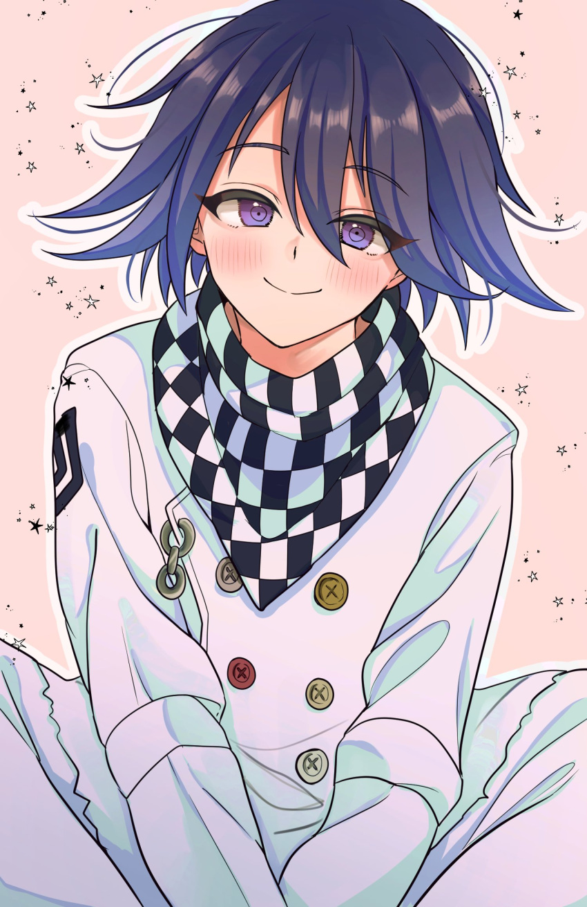 1boy bangs black_scarf blush brown_background checkered_clothes checkered_scarf danganronpa_(series) danganronpa_v3:_killing_harmony flipped_hair grey_jacket grey_pants highres jacket male_focus medium_hair messy_hair ouma_kokichi outline pants scarf shiny shiny_hair sitting smile solo sparkle urami0310 violet_eyes white_outline white_scarf