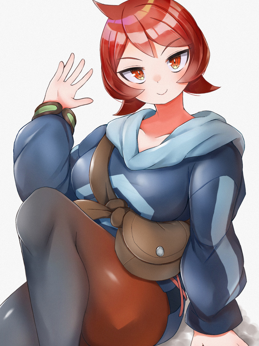 1girl ahoge arezu_(pokemon) arm_support bangs blush breasts closed_mouth commentary_request diamond_clan_outfit fanny_pack gradient gradient_clothes hand_up head_tilt highres knee_up long_sleeves looking_at_viewer medium_breasts nagyiiie pantyhose pokemon pokemon_(game) pokemon_legends:_arceus red_eyes redhead shiny shiny_clothes shiny_hair short_hair simple_background sitting smile solo
