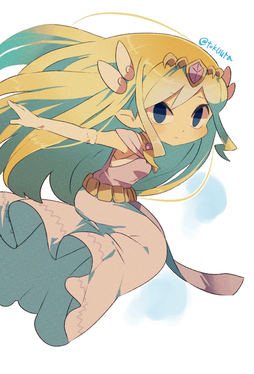 1girl artist_name back belt blonde_hair blue_eyes blush dress floating_hair gloves highres jewelry long_hair looking_at_viewer multicolored_hair necklace pink_dress princess_zelda solo the_legend_of_zelda the_legend_of_zelda:_spirit_tracks the_legend_of_zelda:_the_wind_waker tiara tokuura toon_zelda