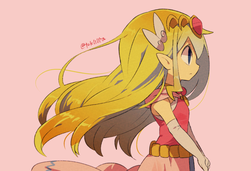 1girl artist_name back belt blonde_hair blue_eyes blush dress floating_hair from_side gloves jewelry long_hair looking_at_viewer multicolored_hair necklace pink_dress princess_zelda solo the_legend_of_zelda the_legend_of_zelda:_spirit_tracks the_legend_of_zelda:_the_wind_waker tiara tokuura toon_zelda wind
