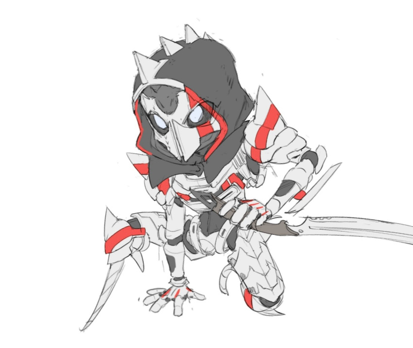 1girl android apex_legends ash_(titanfall_2) black_sclera chain_of_command_ash chibi chinese_commentary colored_sclera grey_eyes highres holding holding_sword holding_weapon hood hood_up mask official_alternate_costume reverse_grip ruu47 sketch solo spikes squatting sword weapon white_background