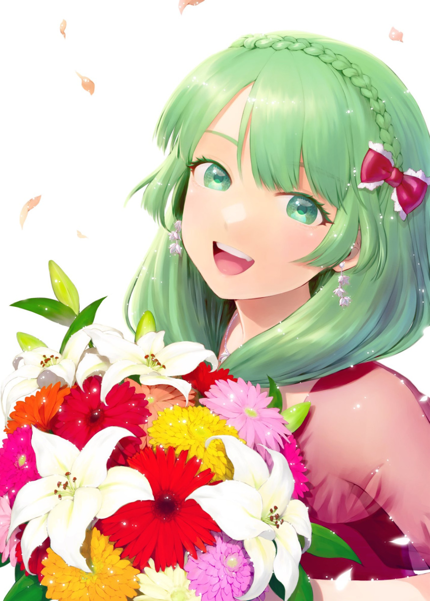 1girl adapted_costume alternate_hairstyle bangs blunt_bangs bouquet bow braid chrysanthemum colored_eyelashes daisy earrings fang flower flower_earrings glowing_petals green_eyes hair_bow happy highres holding holding_bouquet jewelry kageharu kagiyama_hina light_blush light_green_hair light_particles lily_(flower) looking_at_viewer medium_hair necklace open_mouth orange_flower petals pink_flower red_bow red_flower see-through see-through_sleeves sidelocks simple_background smile solo swept_bangs teeth touhou upper_teeth white_background white_flower yellow_flower