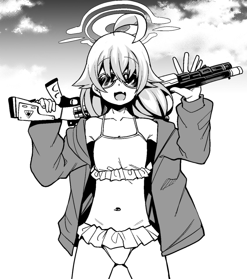 1girl bangs bikini blue_archive clouds commentary_request crossed_bangs fang frilled_bikini frills greyscale gun hair_between_eyes halo highres holding holding_gun holding_weapon hoshino_(blue_archive) hoshino_(swimsuit)_(blue_archive) jacket kaauchi long_hair long_sleeves looking_at_viewer monochrome open_clothes open_jacket open_mouth outdoors over_shoulder shotgun sky solo sunglasses swimsuit weapon weapon_over_shoulder
