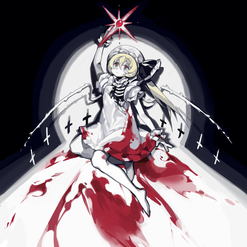 1girl :&lt; absurdres alternate_color barefoot black_ribbon blonde_hair blood blood_on_clothes closed_mouth commentary cross dress flandre_scarlet full_body ganyeliuli hair_between_eyes hat hat_ribbon highres impasto inverted_cross long_hair looking_up mob_cap one_side_up reaching red_eyes ribbon ribs short_sleeves sitting solo torn_clothes touhou white_dress white_headwear wings