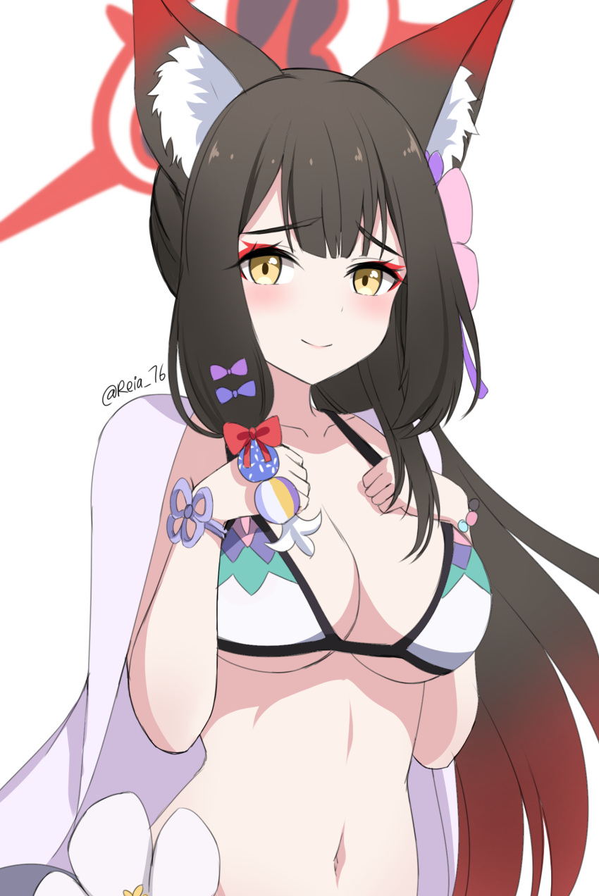 1girl animal_ear_fluff animal_ears bangs bead_bracelet beads bikini black_hair blue_archive blush bracelet breast_suppress breasts cleavage closed_mouth eyeshadow fox_ears halo highres jewelry looking_at_viewer makeup medium_breasts navel raised_eyebrows reia_76 simple_background smile swimsuit twitter_username upper_body wakamo_(blue_archive) wakamo_(swimsuit)_(blue_archive) white_background white_bikini yellow_eyes