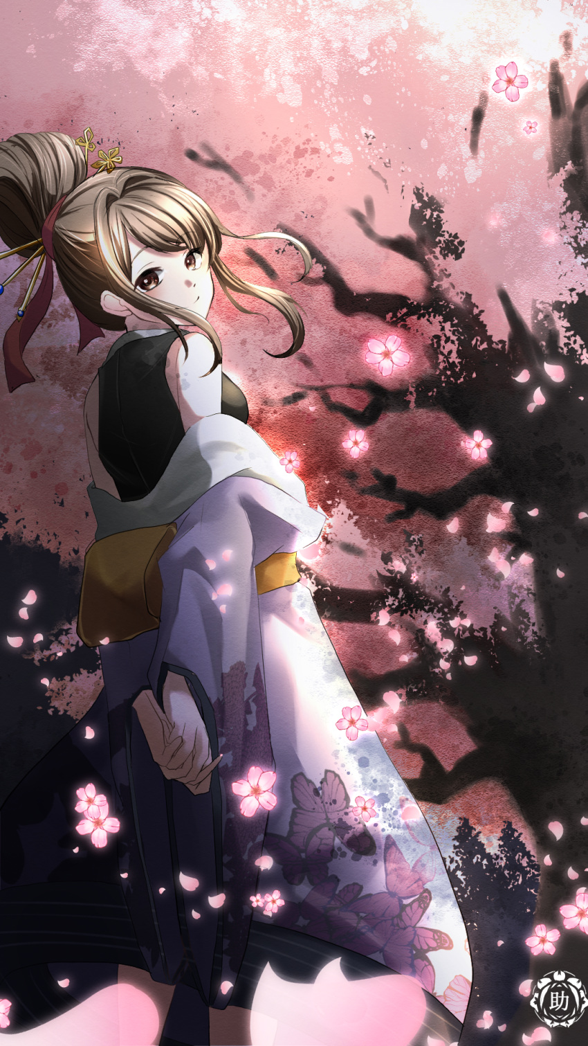 1girl animal_print arms_behind_back brown_hair butterfly_print cherry_blossoms hair_bun hair_ornament hair_ribbon hair_stick highres japanese_clothes kimono looking_at_viewer original own_hands_together red_ribbon ribbon sidelocks single_hair_bun smile solo standing uri200illust watermark