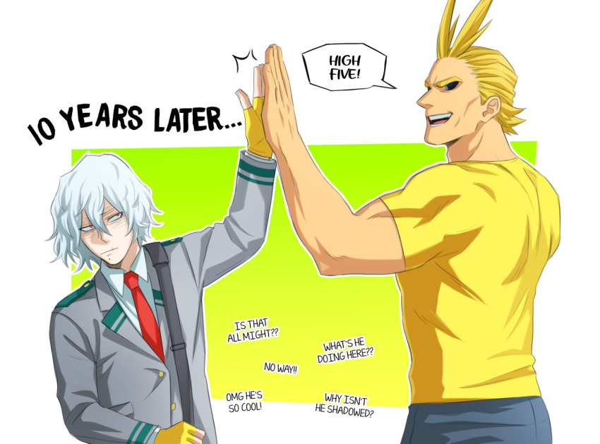 2boys all_might alternate_costume alternate_universe bangs black_sclera blue_eyes boku_no_hero_academia collared_shirt colored_sclera english_text grey_hair grey_jacket grey_shirt hair_between_eyes high_five jacket long_sleeves looking_at_another multiple_boys necktie open_mouth pants red_necktie school_uniform shigaraki_tomura shirt smile teeth trevo_(trevoshere) two-tone_background u.a._school_uniform upper_body white_background wrinkled_skin yagi_toshinori yellow_background yellow_shirt