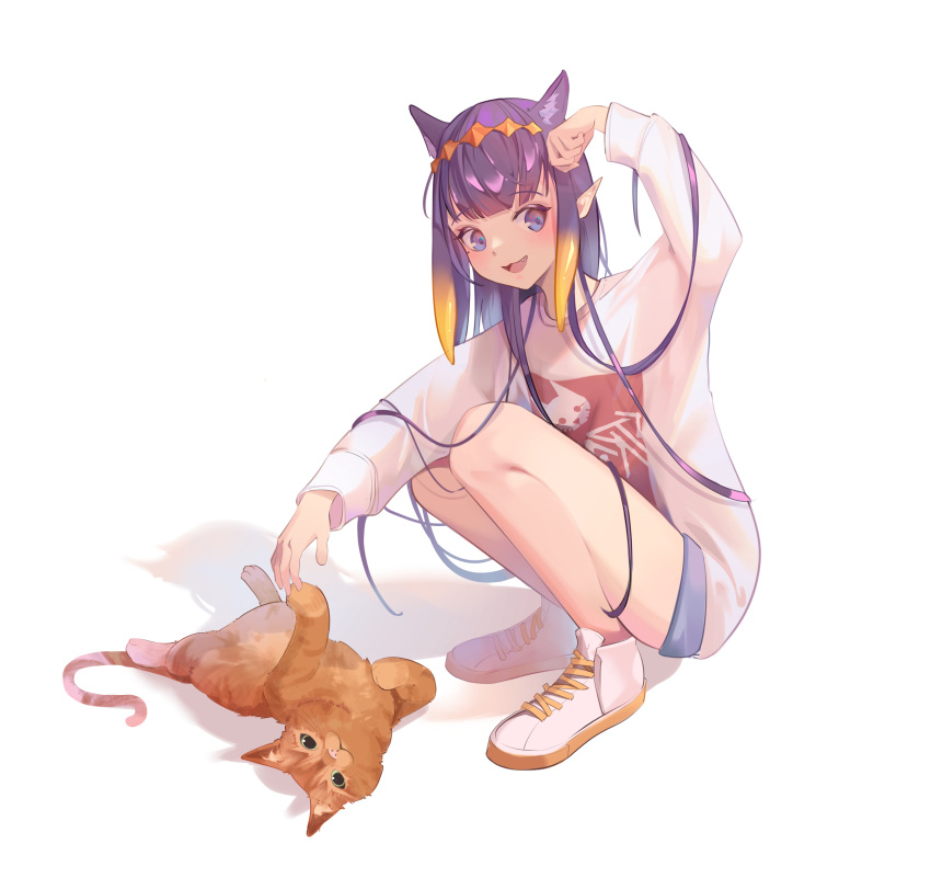 1girl :d animal_ear_fluff animal_ears arm_up bare_legs blonde_hair blush cat cat_ears fang full_body highres hololive hololive_english long_hair long_sleeves meiyan_(boyimachao) mole mole_under_eye multicolored_hair ninomae_ina'nis pointy_ears purple_hair shirt shoes smile solo squatting streaked_hair tiara very_long_hair violet_eyes virtual_youtuber white_footwear white_shirt