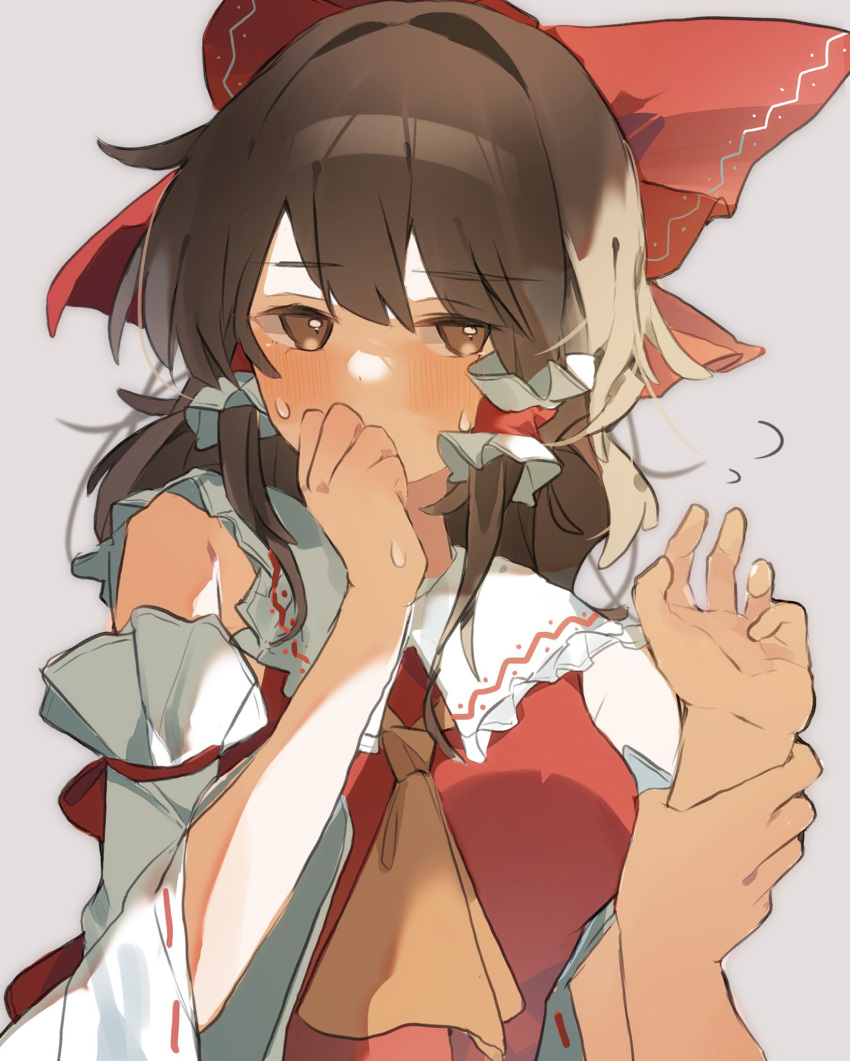 1boy 1girl ascot bangs blush bow breasts brown_eyes brown_hair collar collared_dress detached_sleeves dress eyes_visible_through_hair flying_sweatdrops gominami grey_background hair_between_eyes hair_ornament hair_tubes hakurei_reimu hands_up hetero highres holding_another's_wrist long_sleeves looking_to_the_side medium_breasts red_bow red_dress ribbon-trimmed_sleeves ribbon_trim short_hair simple_background solo_focus sweatdrop touhou wide_sleeves yellow_ascot