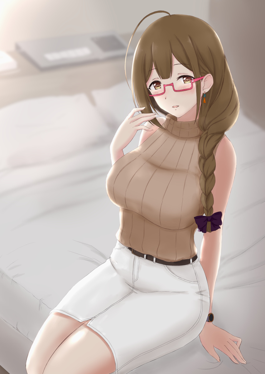 1girl 1mm_(norizo) :o arm_support bangs bed belt blanket bow braid braided_ponytail breasts brown_eyes brown_hair brown_sweater cowlick earrings glasses hair_bow hair_over_shoulder highres hotel_room idolmaster idolmaster_shiny_colors indoors jewelry kuwayama_chiyuki long_hair looking_at_viewer low-tied_long_hair on_bed open_mouth pillow purple_bow ribbed_sweater shirt_tucked_in sidelocks sitting sitting_on_bed skirt sleeveless sleeveless_sweater sweater turtleneck turtleneck_sweater watch white_skirt