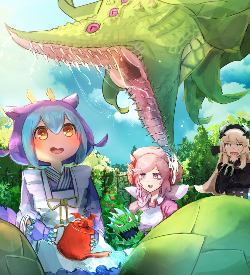 2others 3girls blonde_hair blue_hair chamber_dragonmaid commentary commission dragon_girl dragon_horns duel_monster extra_eyes garden hat hatano_kiyoshi highres horns laundry_dragonmaid multiple_girls multiple_others nettles_(yu-gi-oh!) nurse_cap nurse_dragonmaid open_mouth outdoors pink_eyes pink_hair predaplant_verte_anaconda saliva saliva_drip skeb_commission snake wa_maid watering watering_can yellow_eyes you_gonna_get_eaten yu-gi-oh!