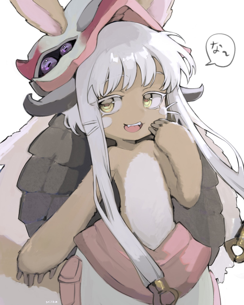 1other :3 androgynous animal_ears artist_name bangs body_fur brown_fur catchphrase colored_eyelashes cowboy_shot ears_through_headwear fake_horns fangs furry hand_up helmet highres horizontal_pupils horned_helmet horns looking_at_viewer made_in_abyss milka_(milk4ppl) nanachi_(made_in_abyss) open_mouth pants pelt pouch rabbit_ears short_hair_with_long_locks signature simple_background smile solo speech_bubble standing tail whiskers white_background white_hair yellow_eyes