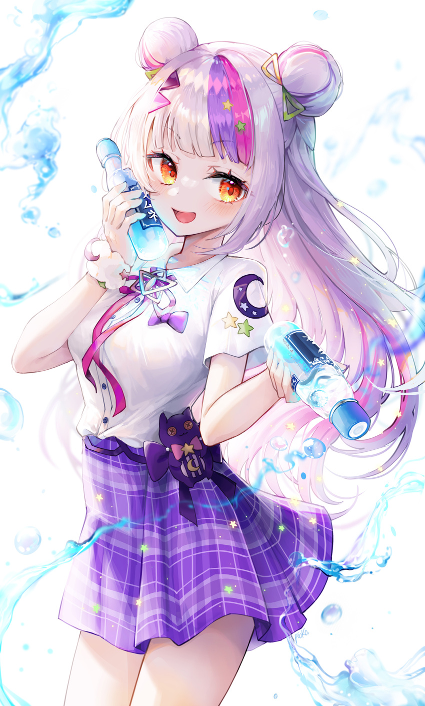 1girl absurdres bangs blunt_bangs blush breasts grey_hair hair_bun hair_ornament highres hololive long_hair looking_at_viewer murasaki_shion open_mouth pink_hair pistachiocream purple_hair ramune scrunchie shirt sidelocks skirt smile solo virtual_youtuber water white_shirt wrist_scrunchie yellow_eyes