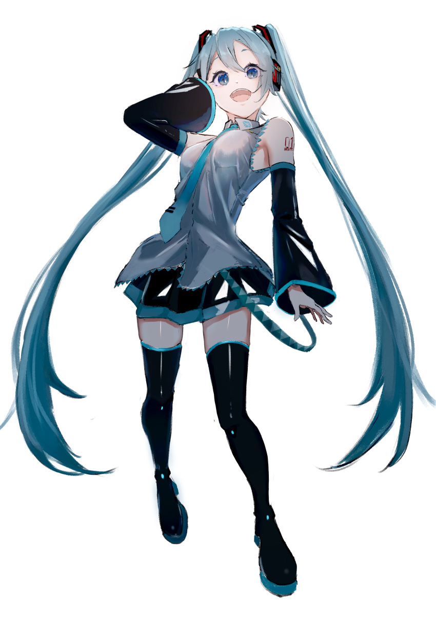 1girl :d absurdres bangs black_footwear black_skirt black_sleeves blue_eyes blue_hair blue_necktie boots breasts collared_shirt commentary detached_sleeves floating_hair full_body grey_shirt hair_between_eyes hatsune_miku highres long_hair long_sleeves looking_at_viewer medium_breasts miniskirt necktie open_mouth pleated_skirt potetoneko shirt skirt sleeveless sleeveless_shirt smile solo thigh_boots twintails very_long_hair vocaloid wing_collar zettai_ryouiki