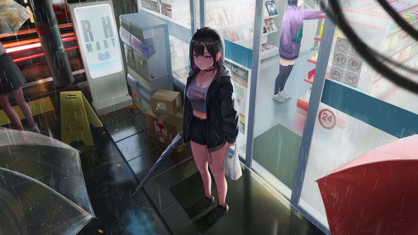1other 3girls absurdres automatic_door bag bare_legs black_jacket breasts commentary convenience_store doormat english_text glass_door highres holding holding_bag holding_umbrella jacket lights long_hair multiple_girls night original outdoors outstretched_arm purple_jacket rain rimzu shop shopping_bag short_shorts shorts storefront sugoi_dekai tank_top umbrella