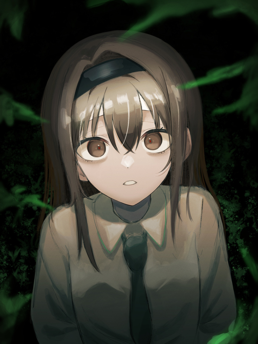 1girl absurdres bags_under_eyes bangs brown_eyes brown_hair collared_shirt forest hair_intakes hairband highres kkamkkam long_hair looking_at_viewer looking_up nature necktie original parted_lips shirt solo