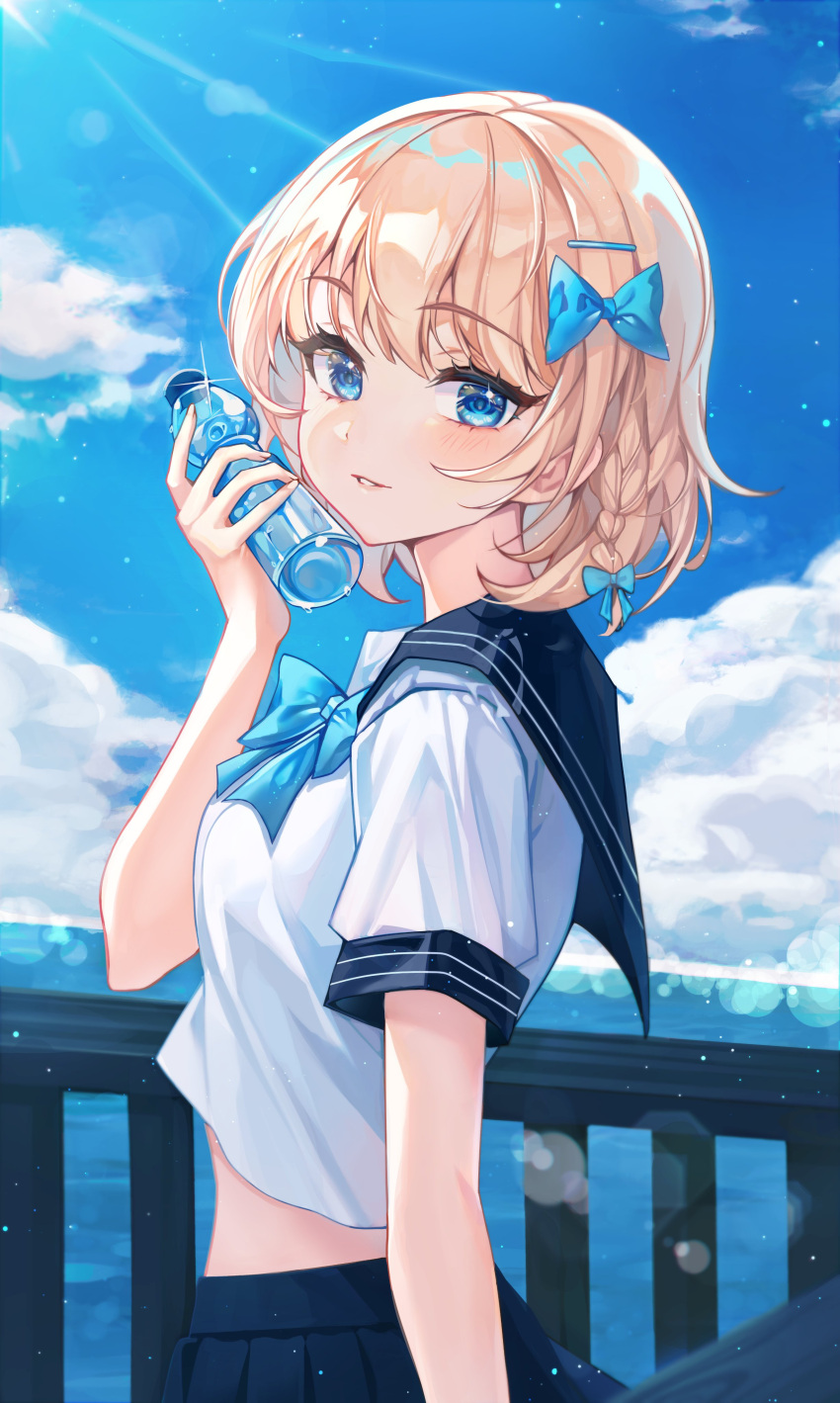 1girl absurdres bangs blonde_hair blue_bow blue_eyes blue_sailor_collar blue_skirt blue_sky blurry blurry_background bottle bow clouds cloudy_sky cup day from_side highres holding holding_cup light_blush looking_at_viewer midriff ocean original parted_lips pleated_skirt sailor sailor_collar sailor_shirt school_uniform shirt short_hair skirt sky smile solo standing sun sunlight upper_body water_bottle white_shirt wooni_(wooni_0818)