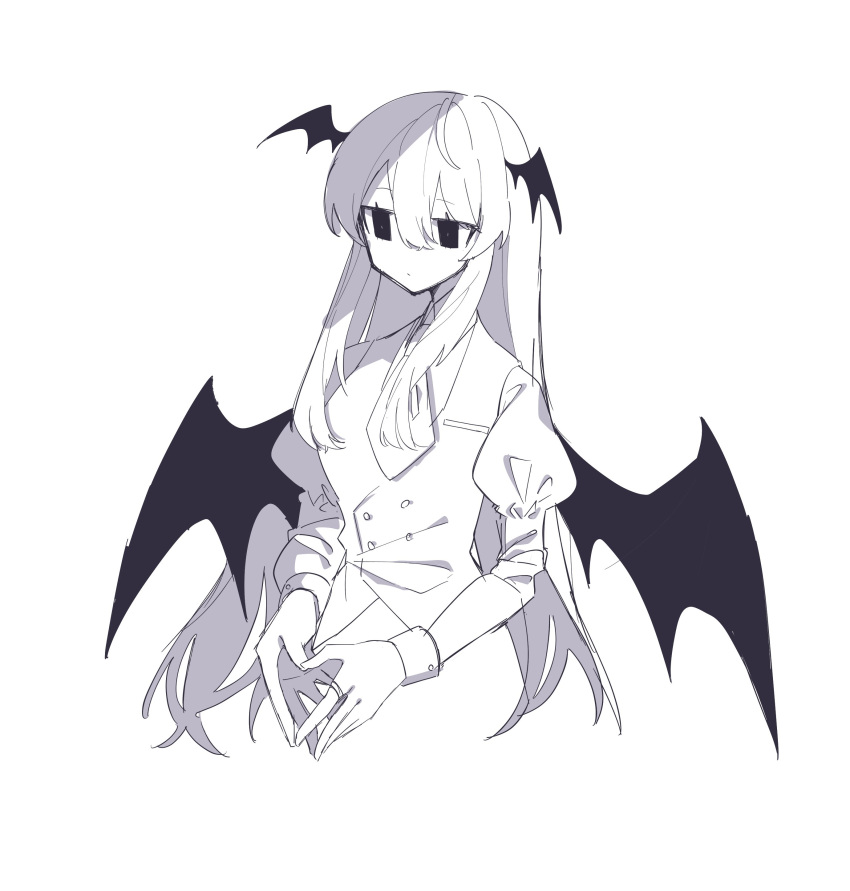 1girl :/ absurdres closed_mouth cropped_legs demon_girl demon_wings greyscale hair_between_eyes head_wings highres juliet_sleeves koakuma long_hair long_sleeves looking_afar monochrome necktie own_hands_together puffy_sleeves shirt sketch skirt sleeve_cuffs solo touhou very_long_hair vest wings xx_asui