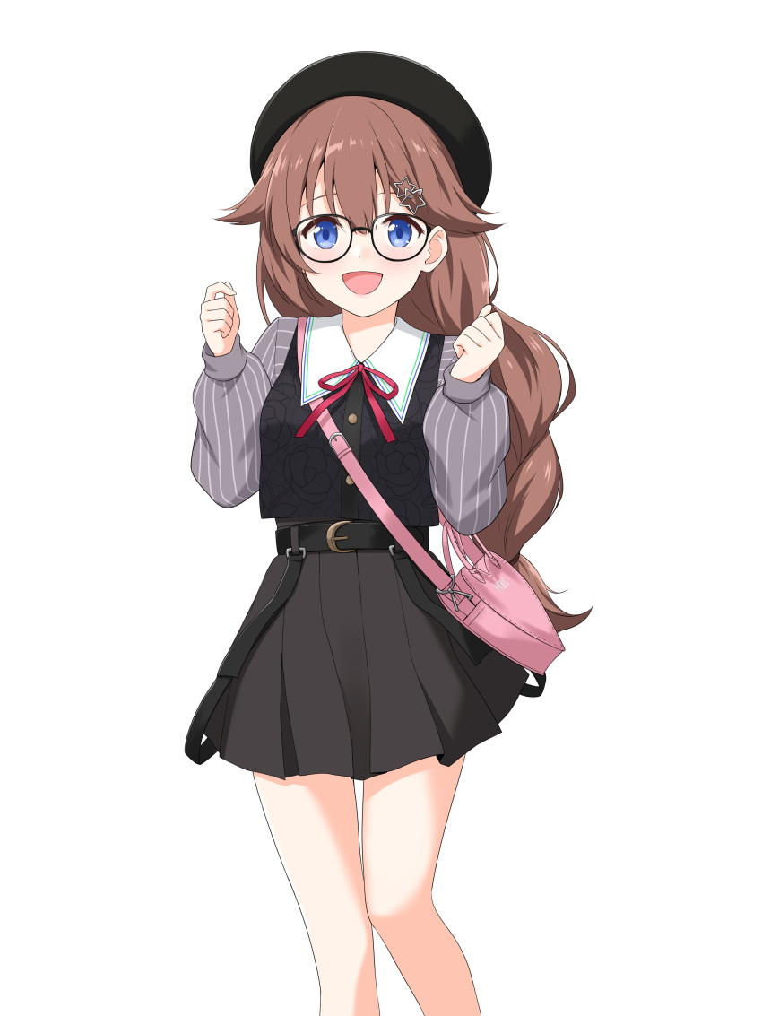 1girl :d absurdres bag belt beret black_headwear black_vest blue_eyes brown_hair collared_shirt dress feet_out_of_frame felutiahime glasses grey_dress grey_shirt hair_flaps hair_ornament hairclip handbag hat heart-shaped_bag highres hololive long_sleeves looking_at_viewer neck_ribbon pinafore_dress pinstripe_pattern pinstripe_shirt red_skirt ribbon shirt simple_background skirt smile solo star_(symbol) star_hair_ornament striped tokino_sora vest virtual_youtuber w_arms white_background